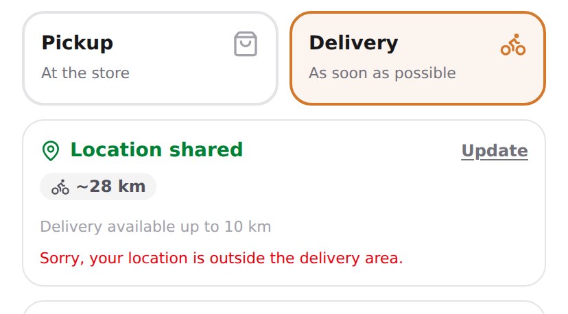 Checkout showing that the shared location is outside the delivery area.