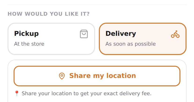Checkout before sharing location, showing an estimated delivery range and a share button.