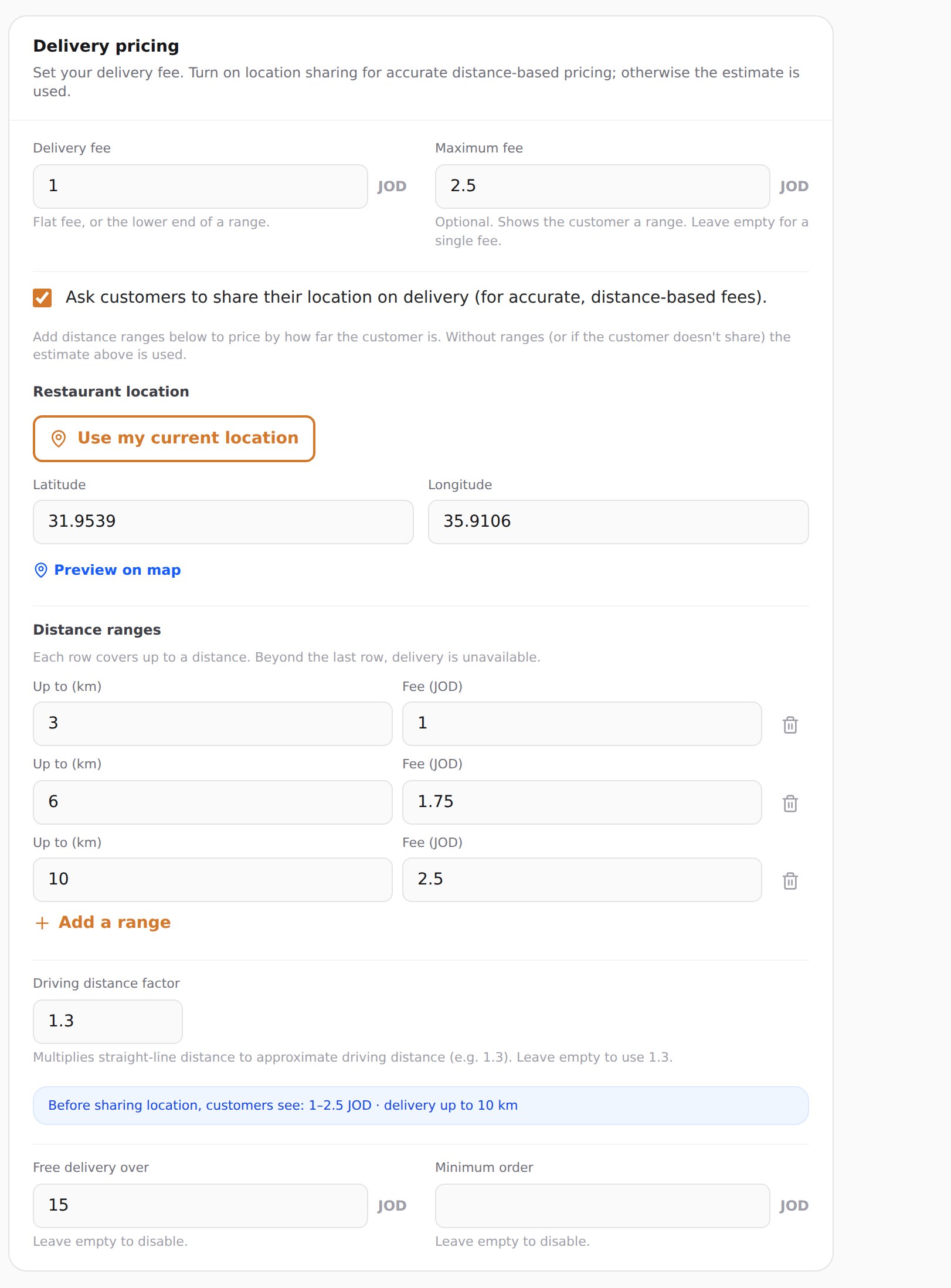 The Delivery pricing card, showing the delivery fee, maximum fee, free delivery over and minimum order fields.