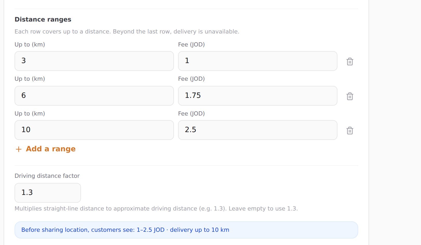 Three distance ranges — up to 3, 6 and 10 km — the driving distance factor, and the derived customer-facing summary.