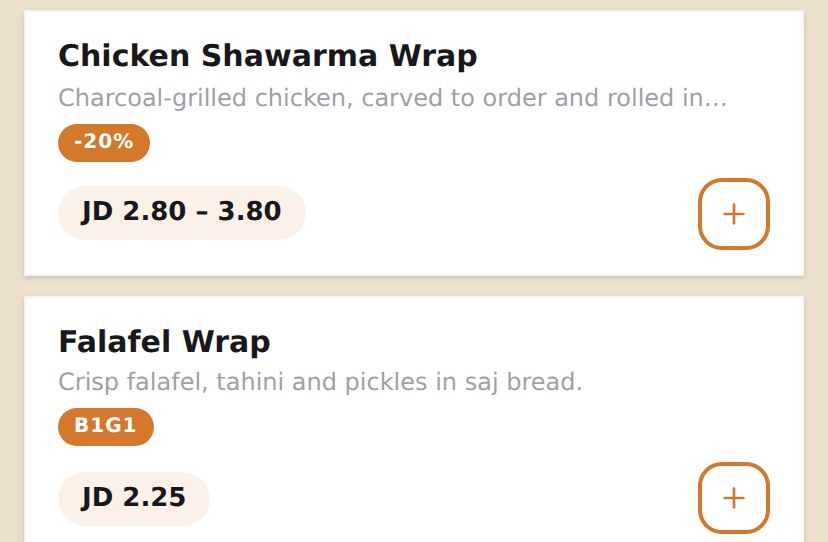 A menu showing one dish with a -20% badge and a cut price, and another with a B1G1 badge at full price.