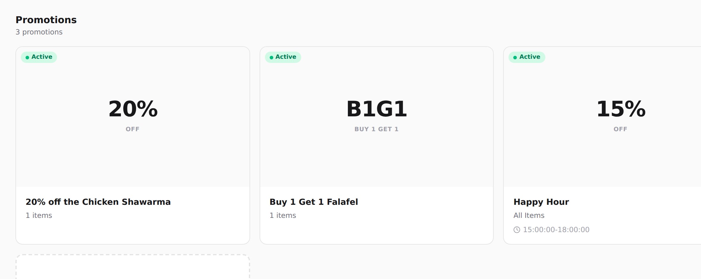 The Promotions section showing a 20% off card, a buy-one-get-one card and a happy hour card.